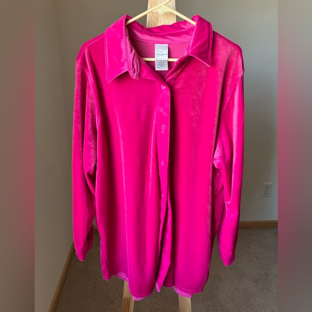 Roaman's Women’s Button Down Shirt 1X Blouse Vibrant Pink Velvet